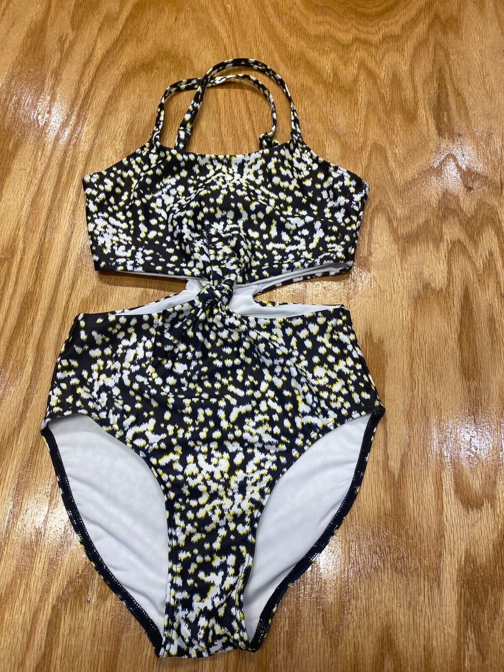 Melrose and Market Swim Set Girls 12 Black Flecked Pattern Sleeveless Halter B64